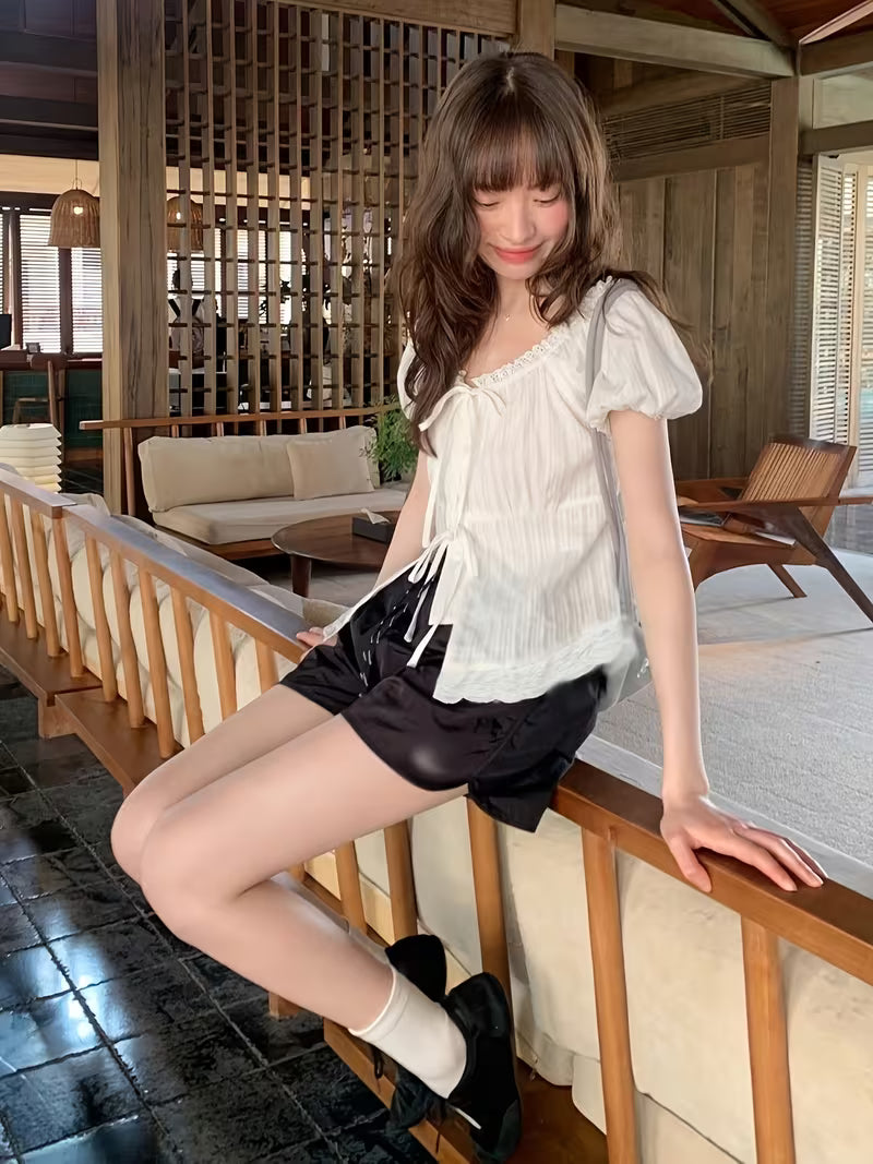 Spring And Summer 2026 New Korean Style Women'S Slim Fit Lace-Up Shirt Top, Sweet Style Lace Trim Tie-Sleeve Short-Sleeve Shirt for Women, Chic French Style Blouse with Unique Design, Elegant Top