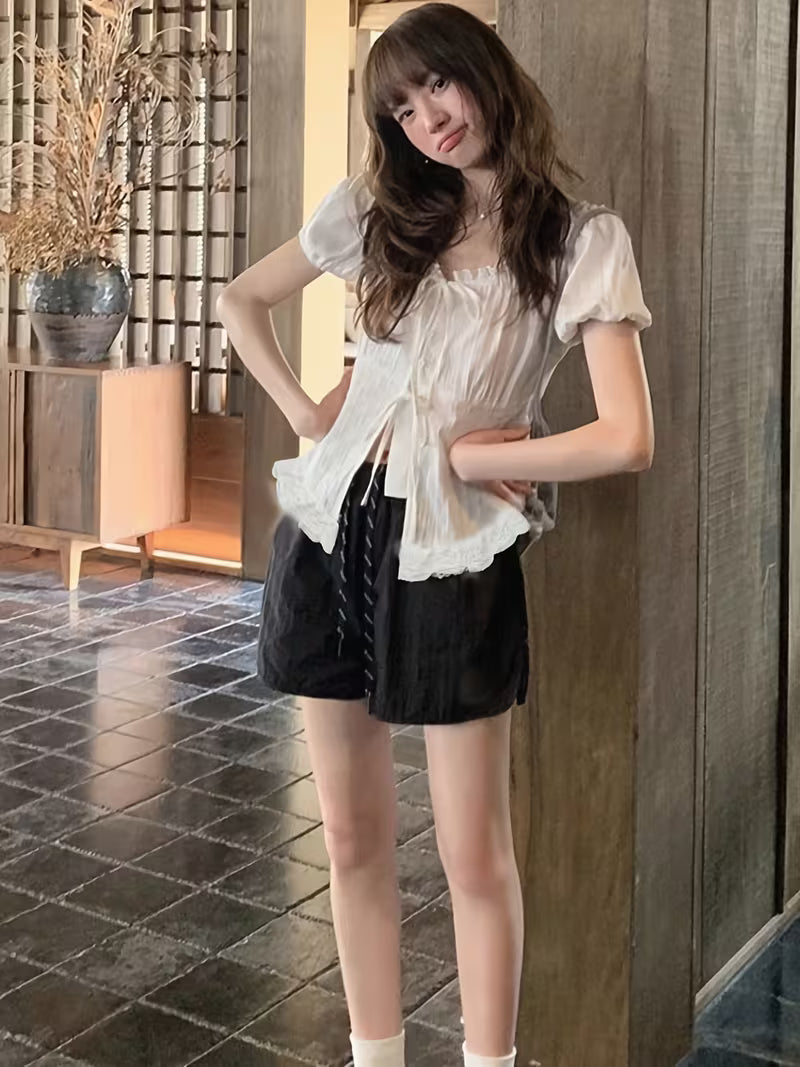 Spring And Summer 2026 New Korean Style Women'S Slim Fit Lace-Up Shirt Top, Sweet Style Lace Trim Tie-Sleeve Short-Sleeve Shirt for Women, Chic French Style Blouse with Unique Design, Elegant Top