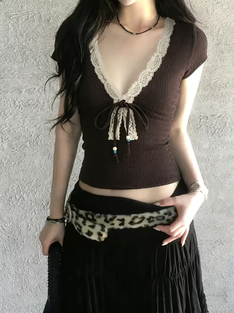 Sassygals American Retro Brown Lace Trim Beaded Strappy Women'S T-Shirt V-Neck Hot Short Sleeve Versatile Temperament Summer New Daily Wear Women'S Inner Top