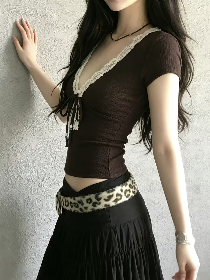 Sassygals American Retro Brown Lace Trim Beaded Strappy Women'S T-Shirt V-Neck Hot Short Sleeve Versatile Temperament Summer New Daily Wear Women'S Inner Top