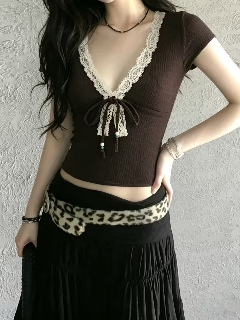 Sassygals American Retro Brown Lace Trim Beaded Strappy Women'S T-Shirt V-Neck Hot Short Sleeve Versatile Temperament Summer New Daily Wear Women'S Inner Top