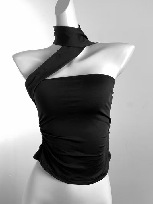 2026 Designer Edition Summer New Arrival Niche Hot Top Black Asymmetrical Off-Shoulder Halter Neck Slim-Fit T-Shirt High-End Style Outfit
