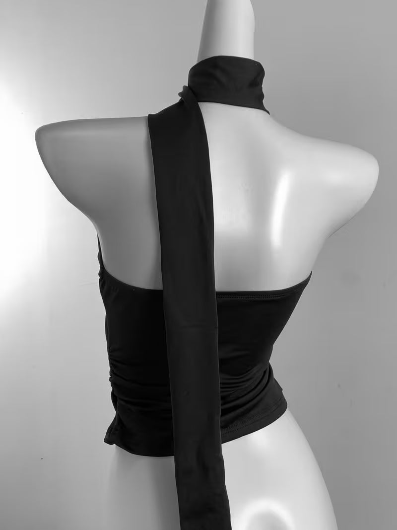 2026 Designer Edition Summer New Arrival Niche Hot Top Black Asymmetrical Off-Shoulder Halter Neck Slim-Fit T-Shirt High-End Style Outfit