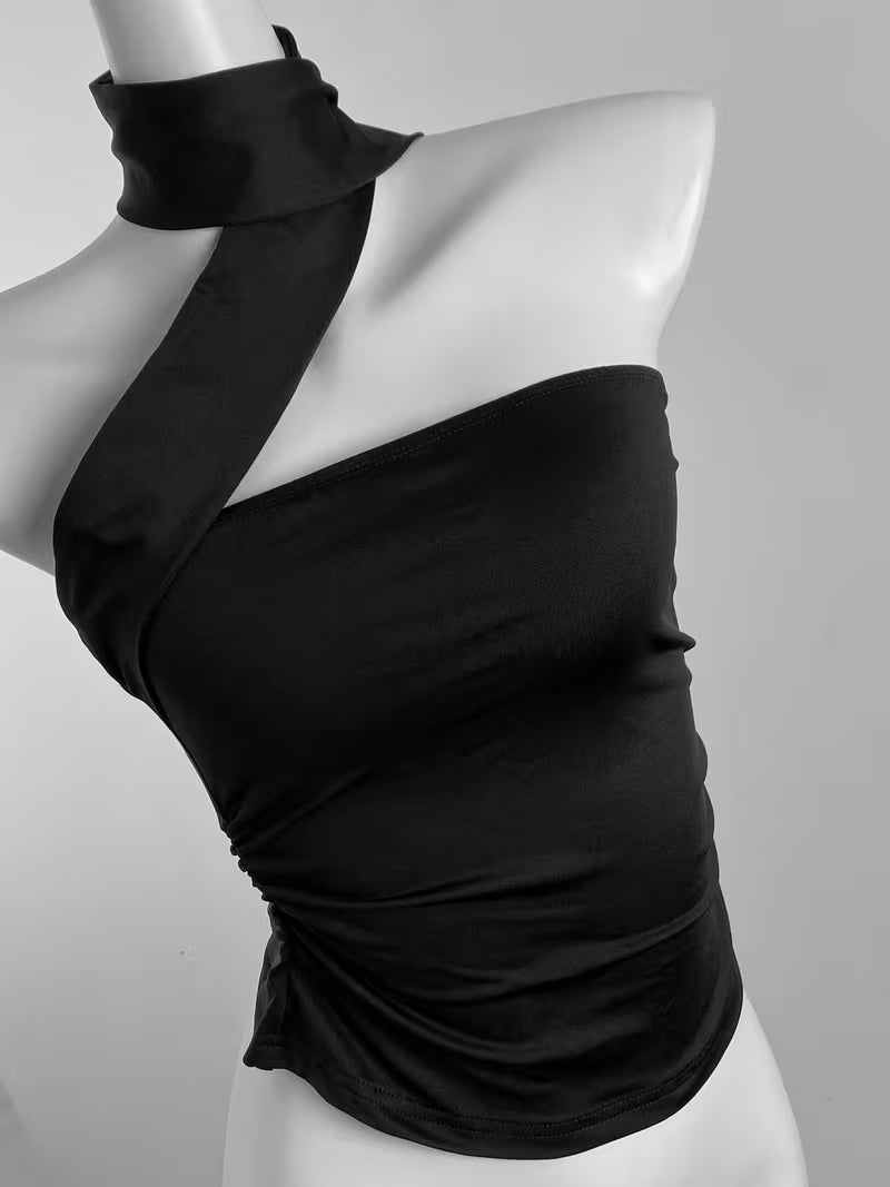 2026 Designer Edition Summer New Arrival Niche Hot Top Black Asymmetrical Off-Shoulder Halter Neck Slim-Fit T-Shirt High-End Style Outfit