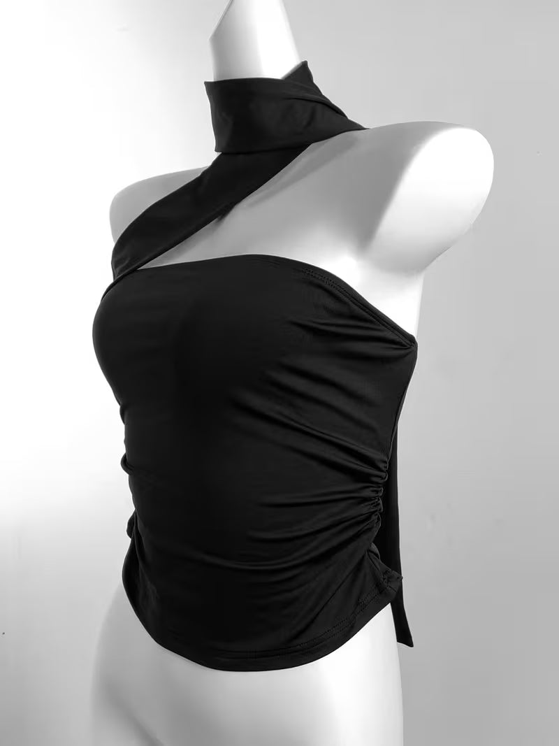 2026 Designer Edition Summer New Arrival Niche Hot Top Black Asymmetrical Off-Shoulder Halter Neck Slim-Fit T-Shirt High-End Style Outfit