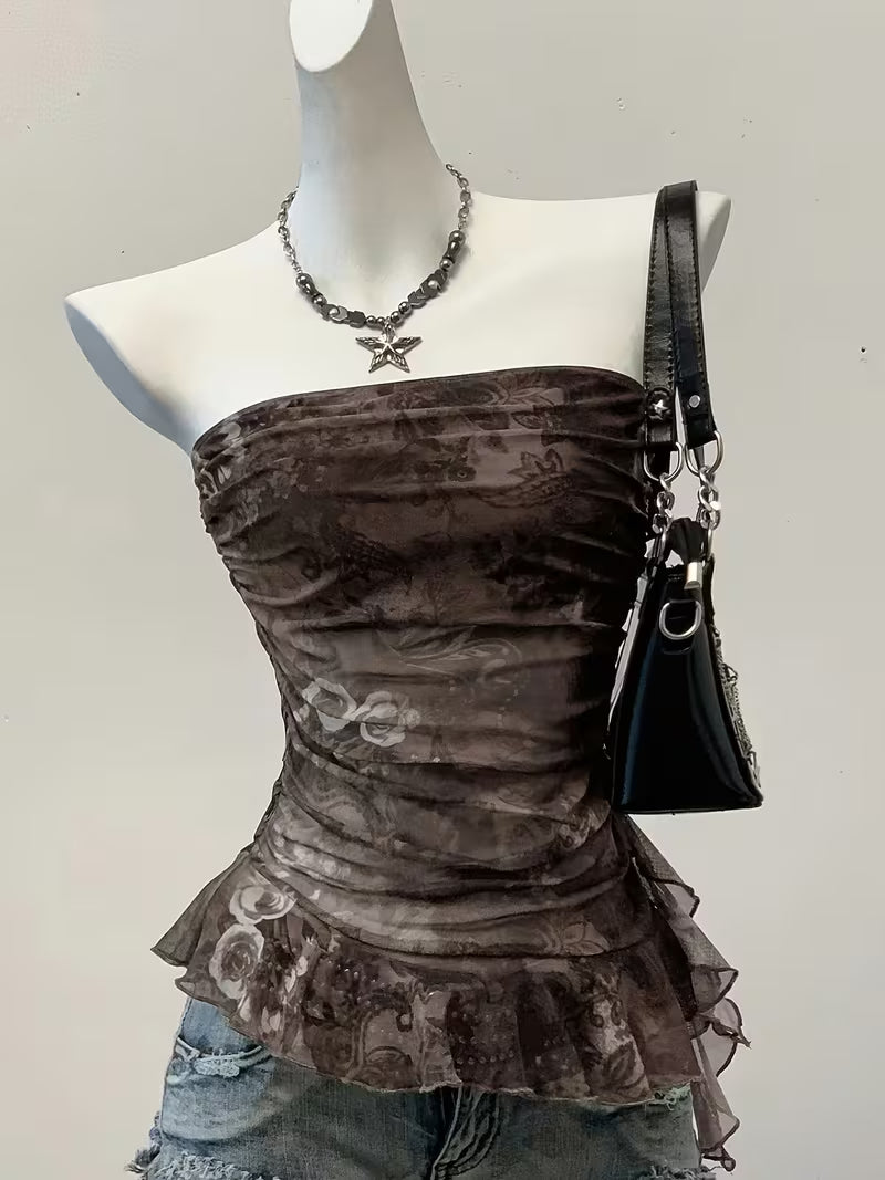 Strapless Top, Gothic Style Floral Print Mesh Fabric Ruffled Off the Shoulder Design, Ideal for Spring/Summer/Fall