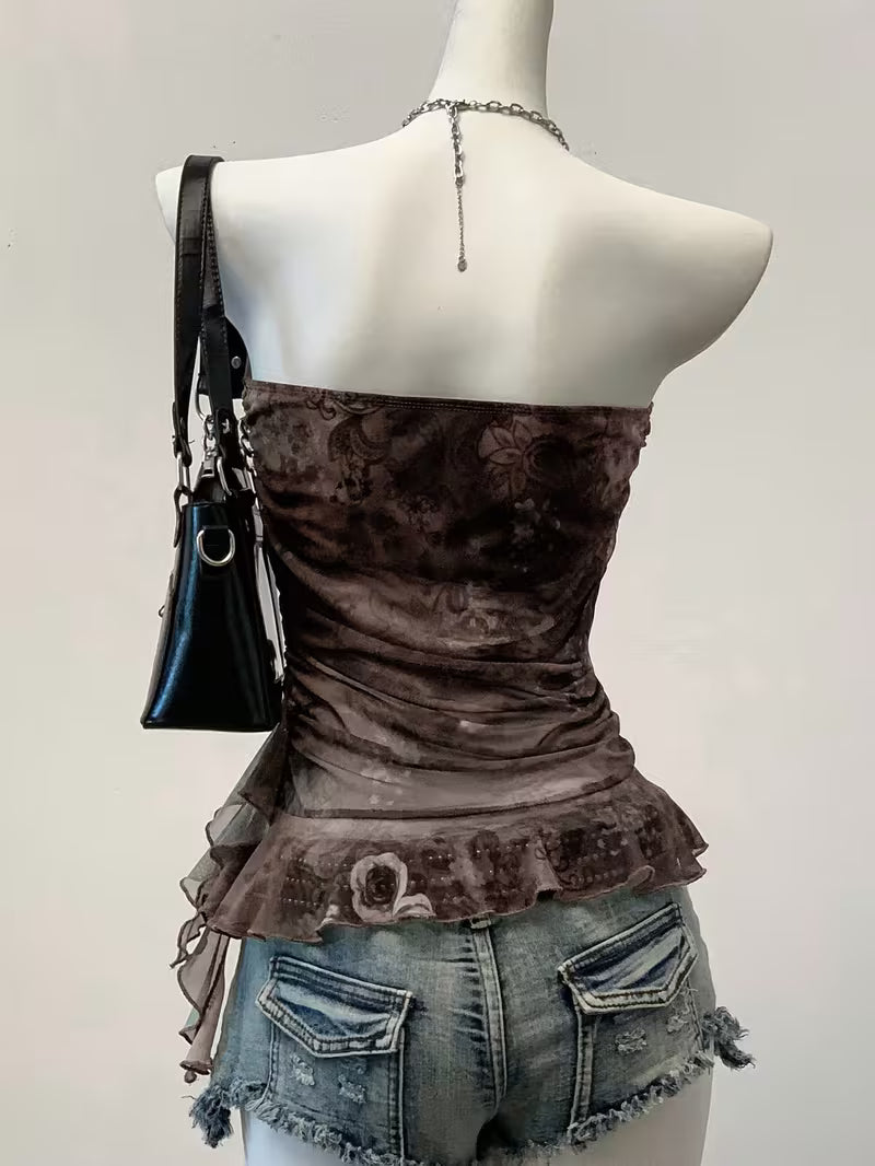 Strapless Top, Gothic Style Floral Print Mesh Fabric Ruffled Off the Shoulder Design, Ideal for Spring/Summer/Fall