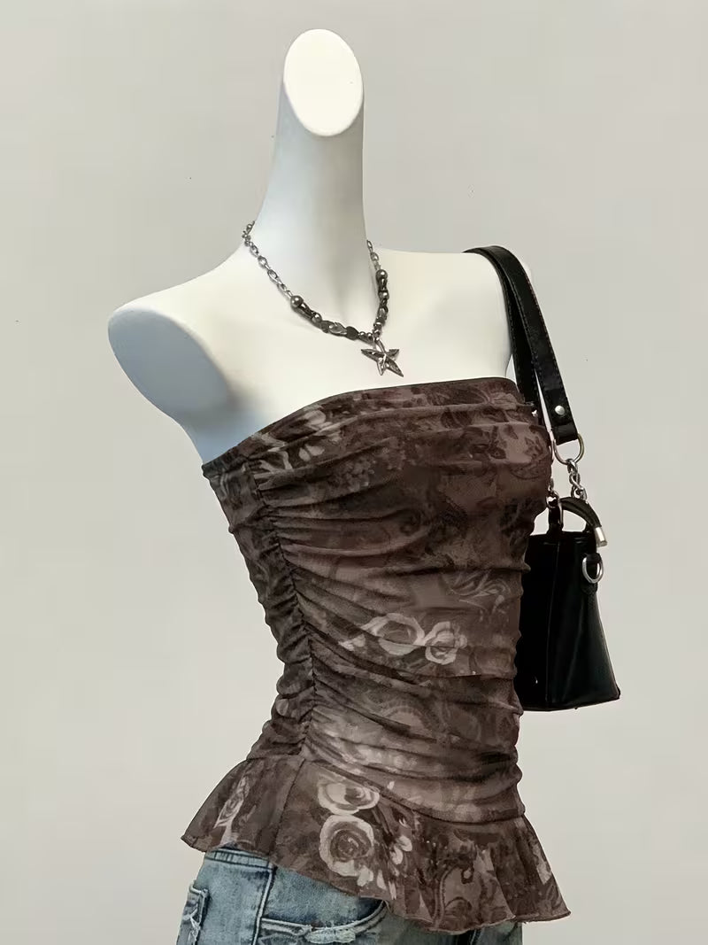 Strapless Top, Gothic Style Floral Print Mesh Fabric Ruffled Off the Shoulder Design, Ideal for Spring/Summer/Fall