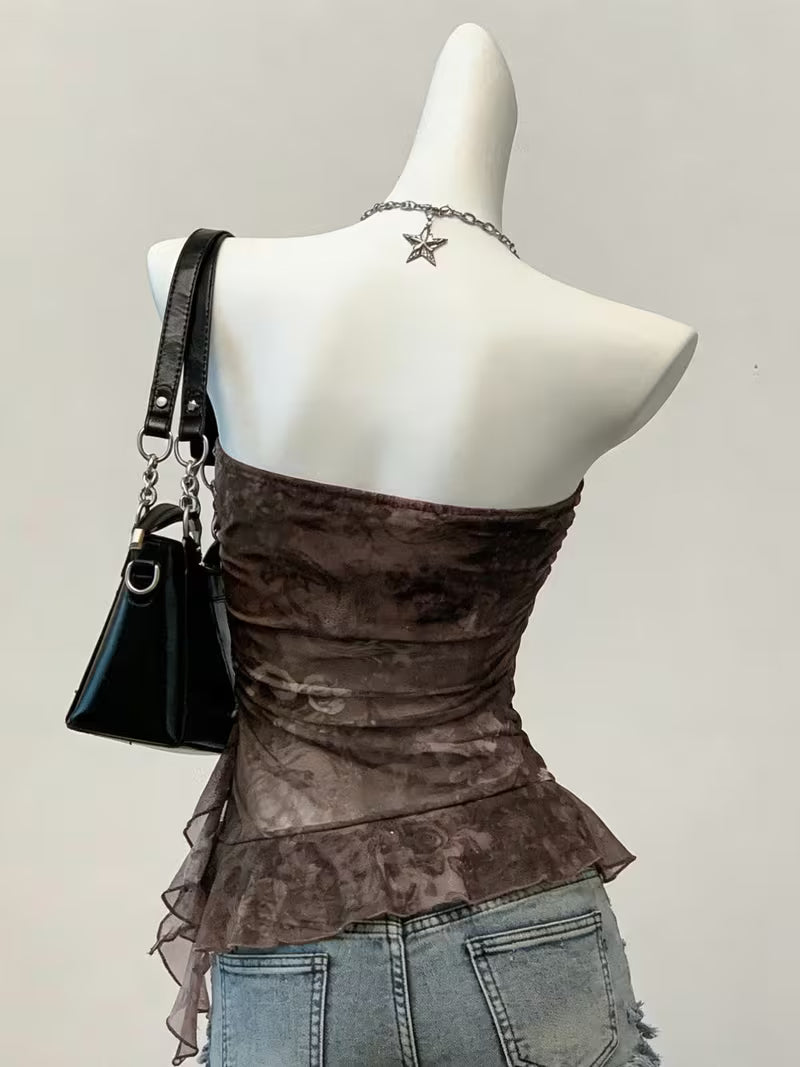 Strapless Top, Gothic Style Floral Print Mesh Fabric Ruffled Off the Shoulder Design, Ideal for Spring/Summer/Fall