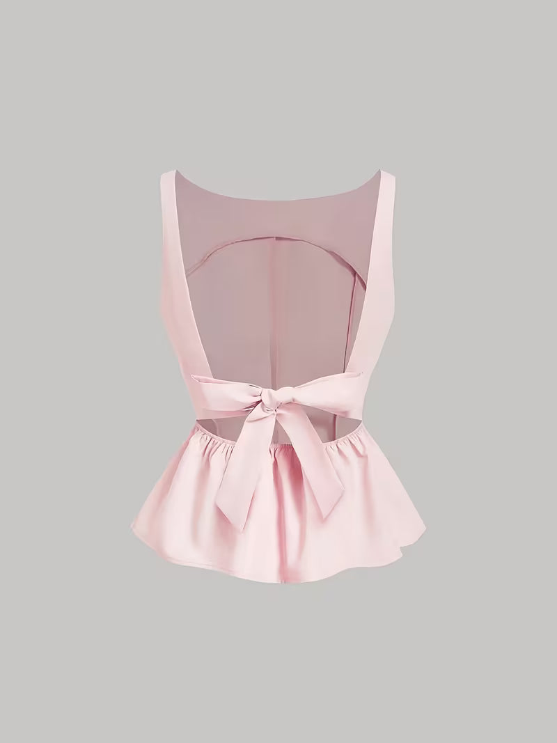 Women's Pink Backless Bow-Tied Strappy Boat Neck Tank Top, Suitable for Summer Holidays, Spring and Summer, Valentine's Day, Elegant Parties, Celebrations, Beach Vacations, and Other Occasions. with an Elegant Style, It Is Ideal for Weddings
