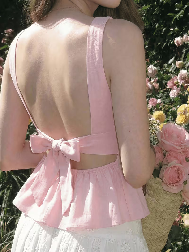 Women's Pink Backless Bow-Tied Strappy Boat Neck Tank Top, Suitable for Summer Holidays, Spring and Summer, Valentine's Day, Elegant Parties, Celebrations, Beach Vacations, and Other Occasions. with an Elegant Style, It Is Ideal for Weddings