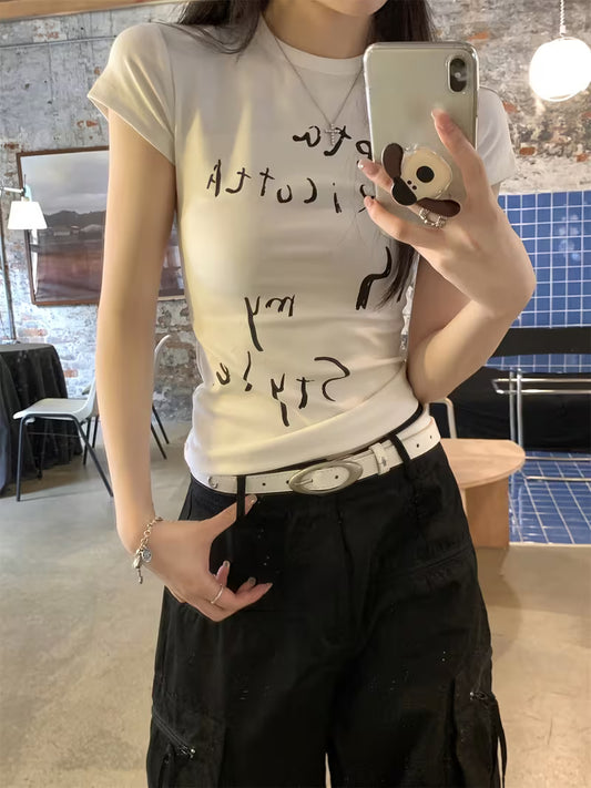 Asian Size 6170-2 Letter Print Slim Fit Short Sleeve T-Shirt for Women