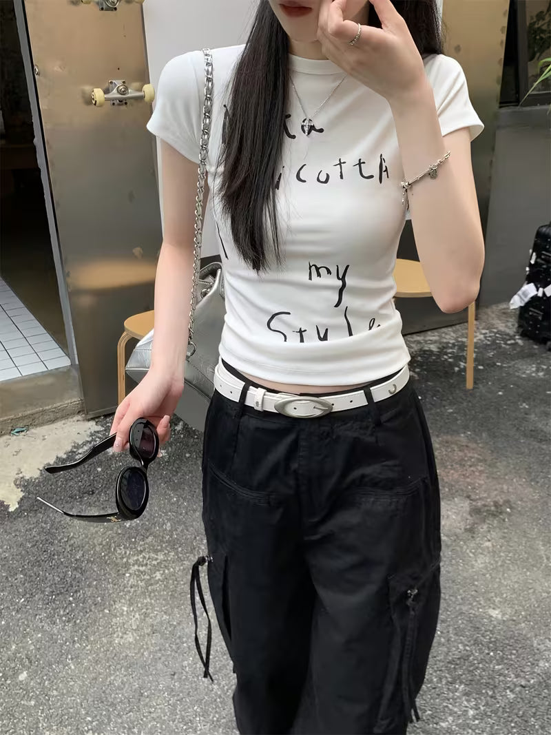 Asian Size 6170-2 Letter Print Slim Fit Short Sleeve T-Shirt for Women