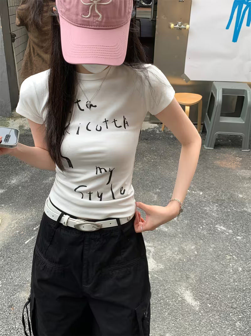Asian Size 6170-2 Letter Print Slim Fit Short Sleeve T-Shirt for Women