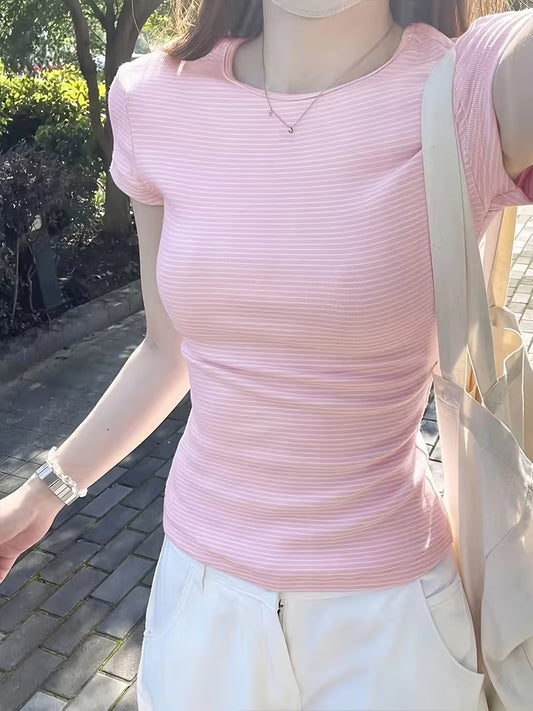 American Style Soft Pink Versatile Striped Set Shoulder Short Sleeve T-Shirt Summer Slim Fit New Hot Top Crew Neck