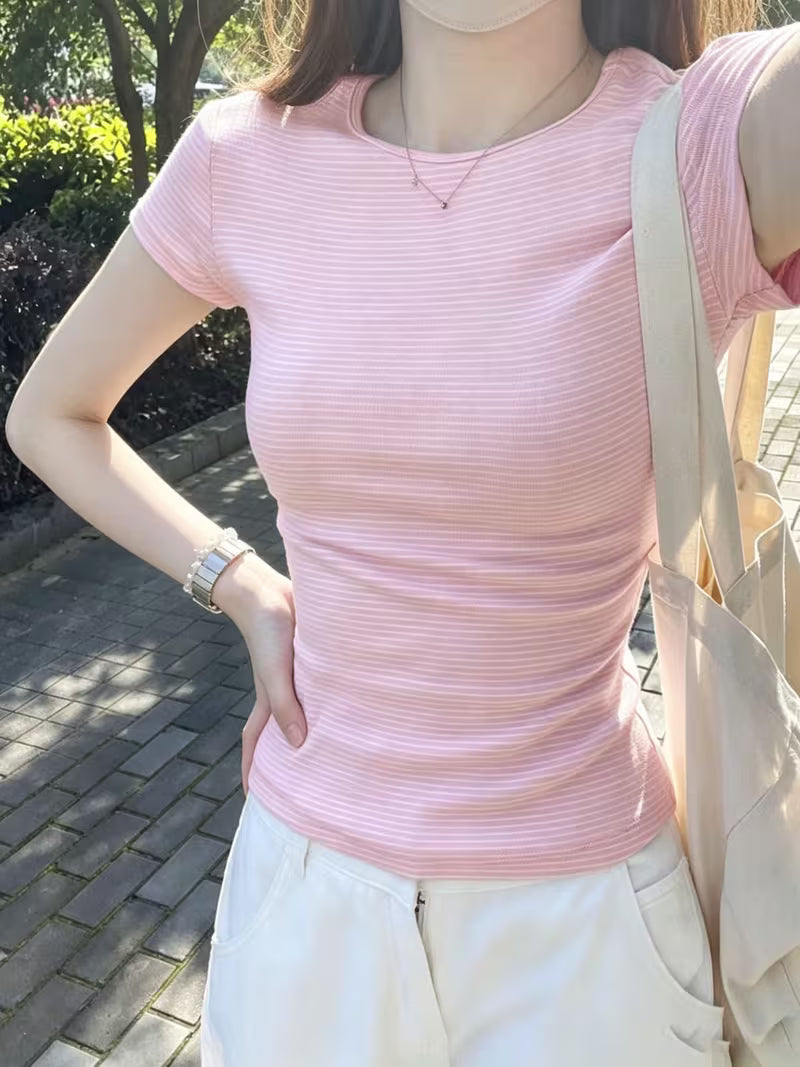 American Style Soft Pink Versatile Striped Set Shoulder Short Sleeve T-Shirt Summer Slim Fit New Hot Top Crew Neck