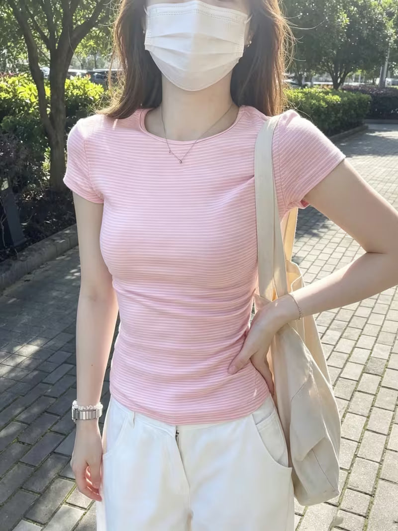 American Style Soft Pink Versatile Striped Set Shoulder Short Sleeve T-Shirt Summer Slim Fit New Hot Top Crew Neck