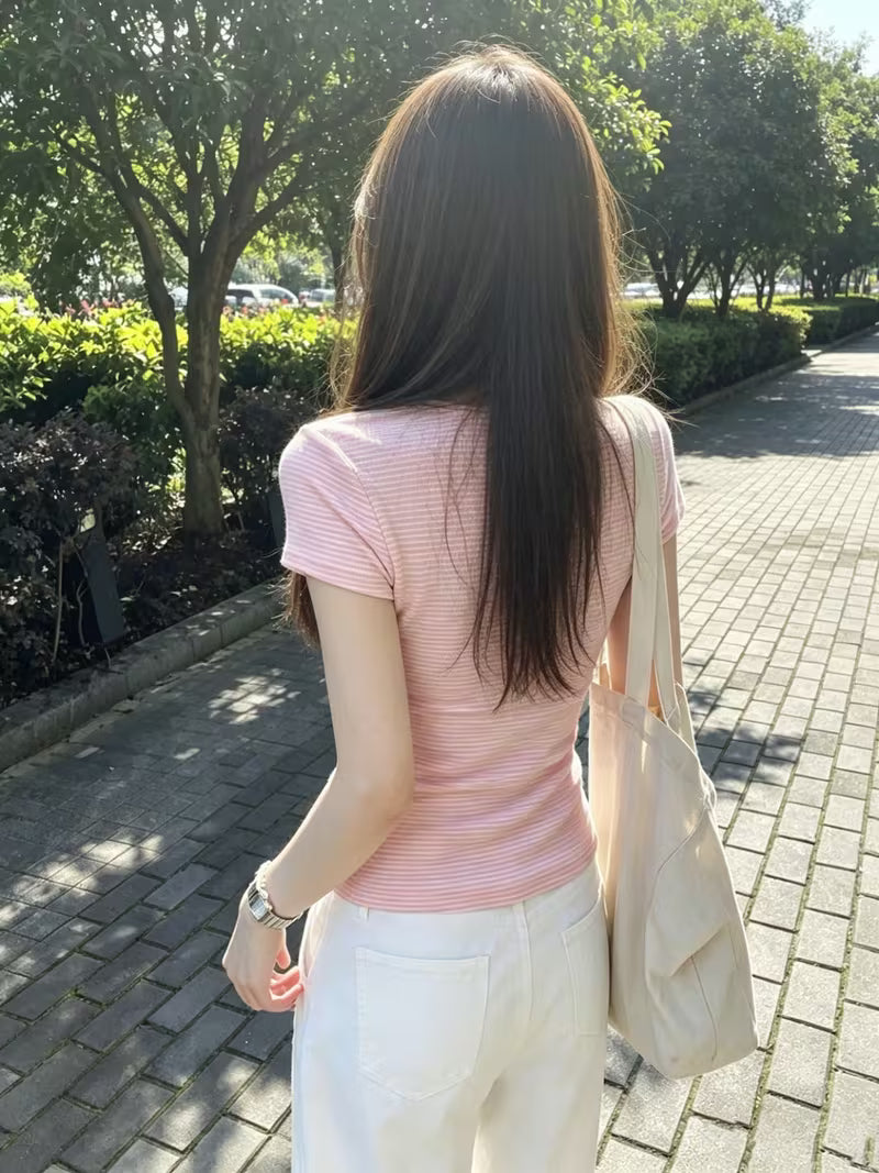 American Style Soft Pink Versatile Striped Set Shoulder Short Sleeve T-Shirt Summer Slim Fit New Hot Top Crew Neck