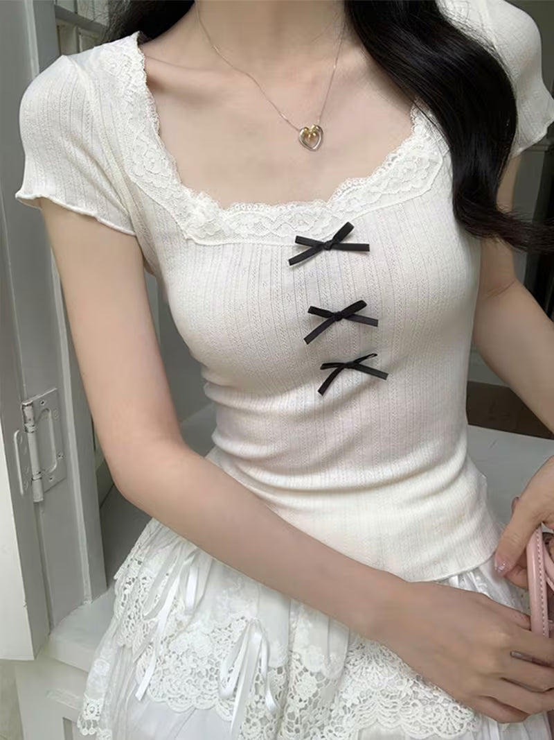 Lace Spliced Short-Sleeved T-Shirt, Women'S Summer Pure Desire, Slim-Fit, Sweet And Spicy, Bowknot, Regular Shoulder Top