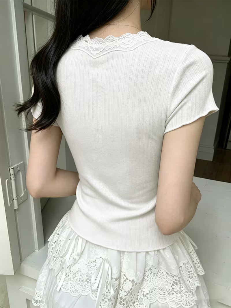Lace Spliced Short-Sleeved T-Shirt, Women'S Summer Pure Desire, Slim-Fit, Sweet And Spicy, Bowknot, Regular Shoulder Top