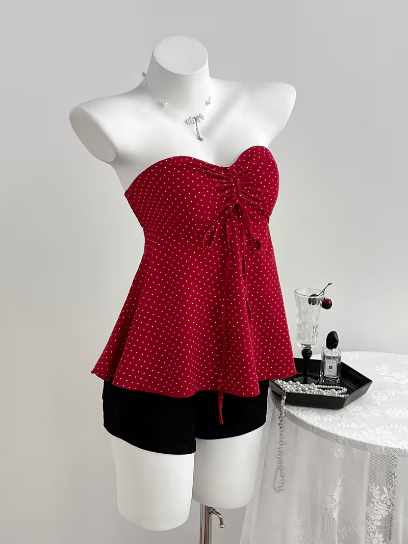 Vintage Polka Dot Crop Top, Strapless with Drawstring Waist, A-Line Hem, Summer Sexy Hot Style Tank Top