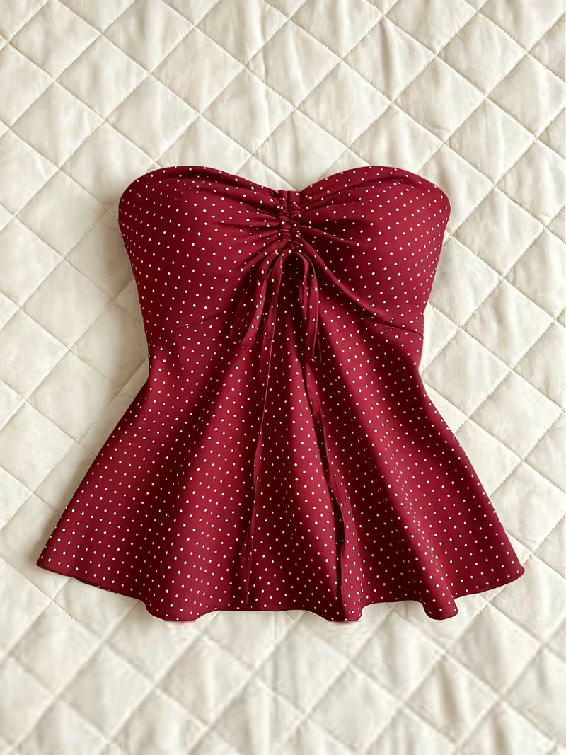 Vintage Polka Dot Crop Top, Strapless with Drawstring Waist, A-Line Hem, Summer Sexy Hot Style Tank Top