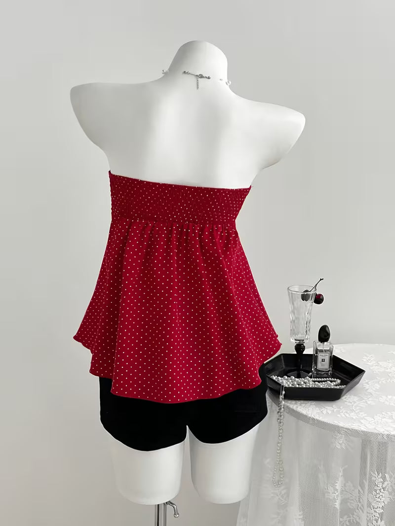Vintage Polka Dot Crop Top, Strapless with Drawstring Waist, A-Line Hem, Summer Sexy Hot Style Tank Top