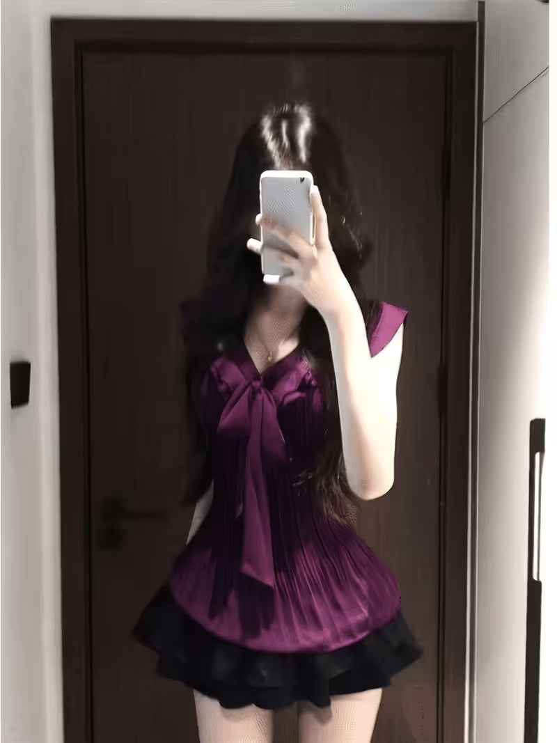 2pcs Women's 2pcs Set: Purple Ruffle Waist Peplum Top And Black Layered Shorts Set, Y2K Style Slim-fit Set [Summer Outfit]
