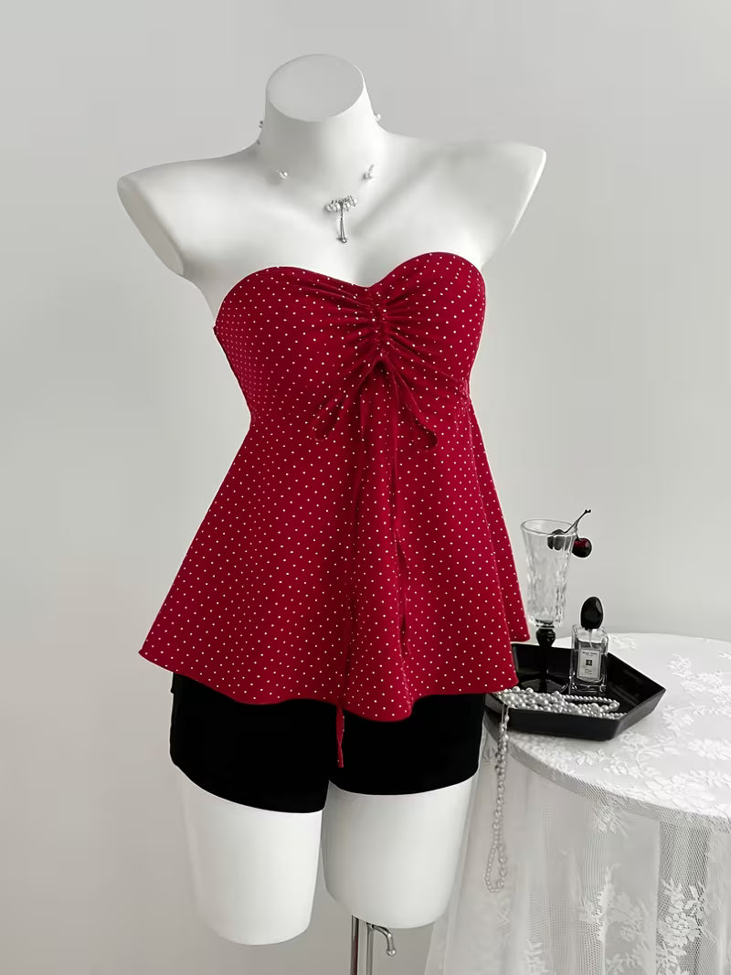 Vintage Polka Dot Crop Top, Strapless with Drawstring Waist, A-Line Hem, Summer Sexy Hot Style Tank Top