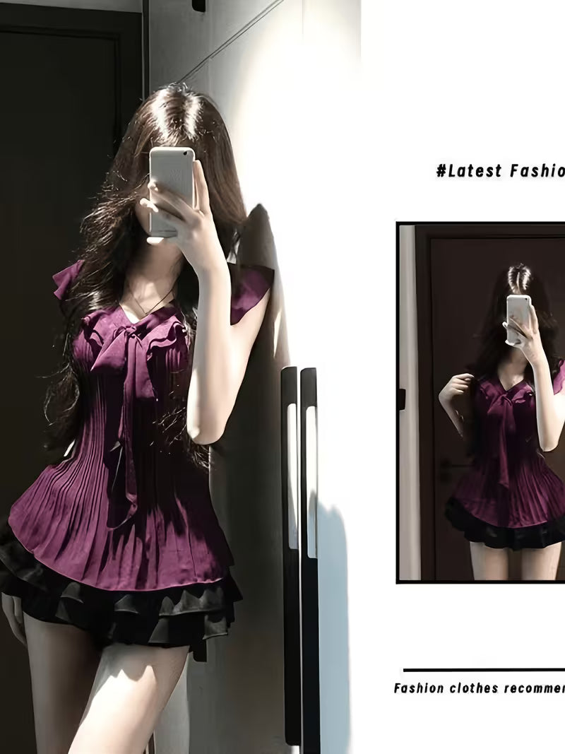 2pcs Women's 2pcs Set: Purple Ruffle Waist Peplum Top And Black Layered Shorts Set, Y2K Style Slim-fit Set [Summer Outfit]