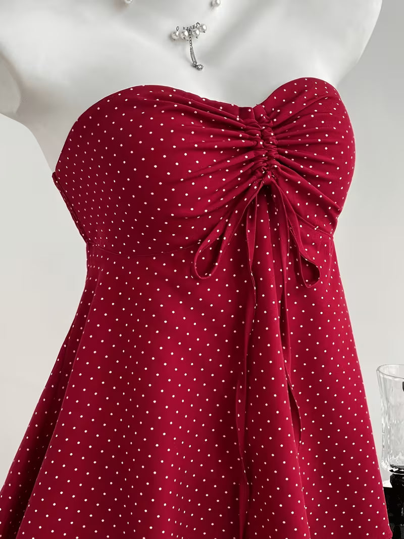 Vintage Polka Dot Crop Top, Strapless with Drawstring Waist, A-Line Hem, Summer Sexy Hot Style Tank Top