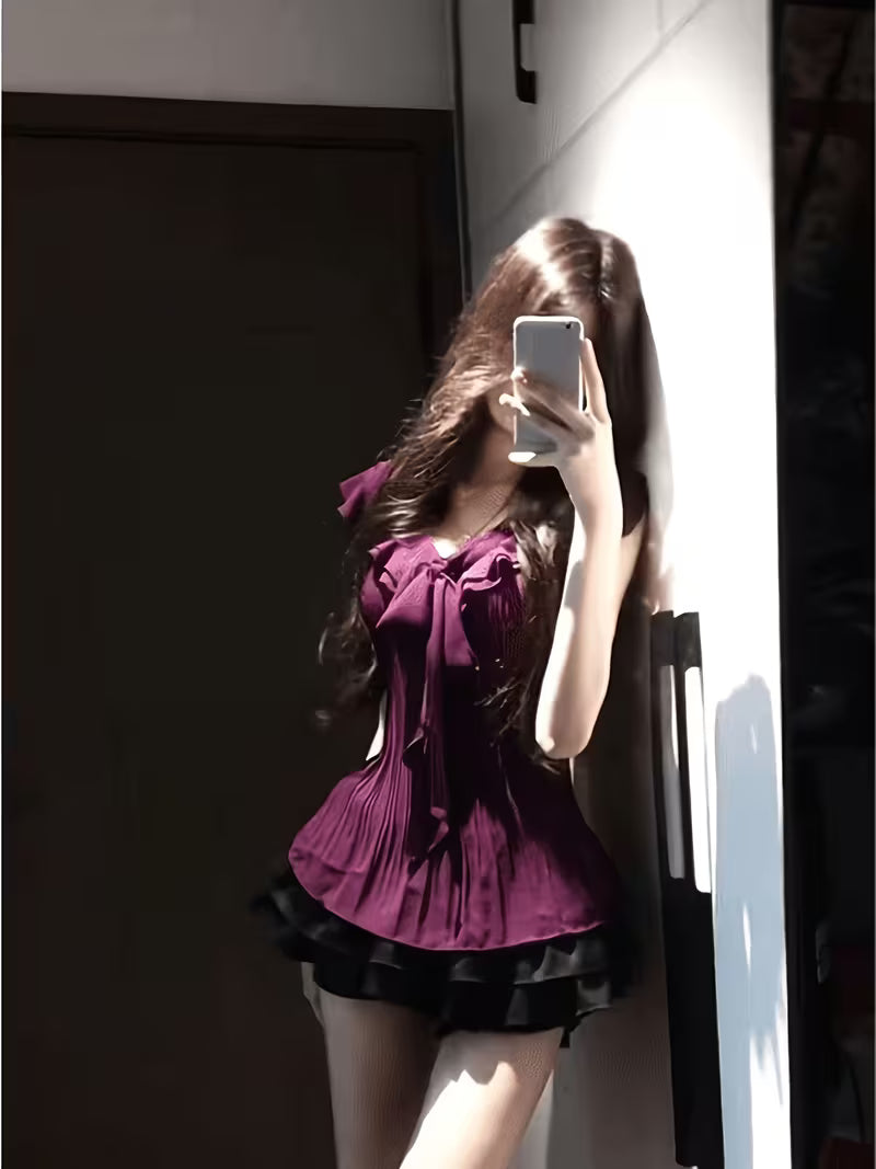 2pcs Women's 2pcs Set: Purple Ruffle Waist Peplum Top And Black Layered Shorts Set, Y2K Style Slim-fit Set [Summer Outfit]