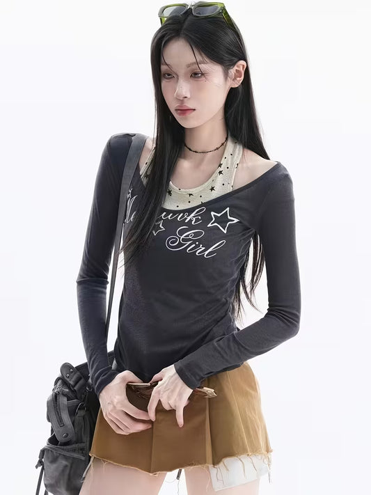 1pc Women'S Star Print Halter Camisole with Off-Shoulder Long Sleeve Top, Letter Pattern Fitted Layering Shirt, Y2K Casual Basic Streetwear for Dates And Campus, an Ideal Birthday Or Holiday Gift for Teenage