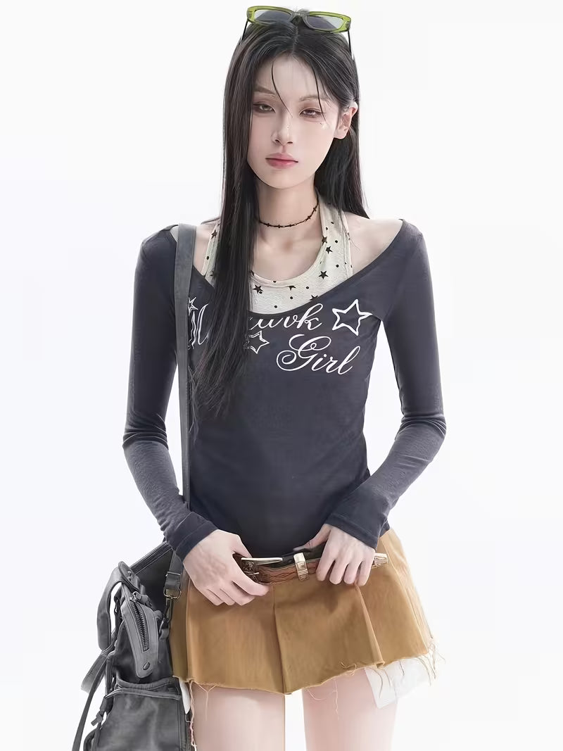 1pc Women'S Star Print Halter Camisole with Off-Shoulder Long Sleeve Top, Letter Pattern Fitted Layering Shirt, Y2K Casual Basic Streetwear for Dates And Campus, an Ideal Birthday Or Holiday Gift for Teenage
