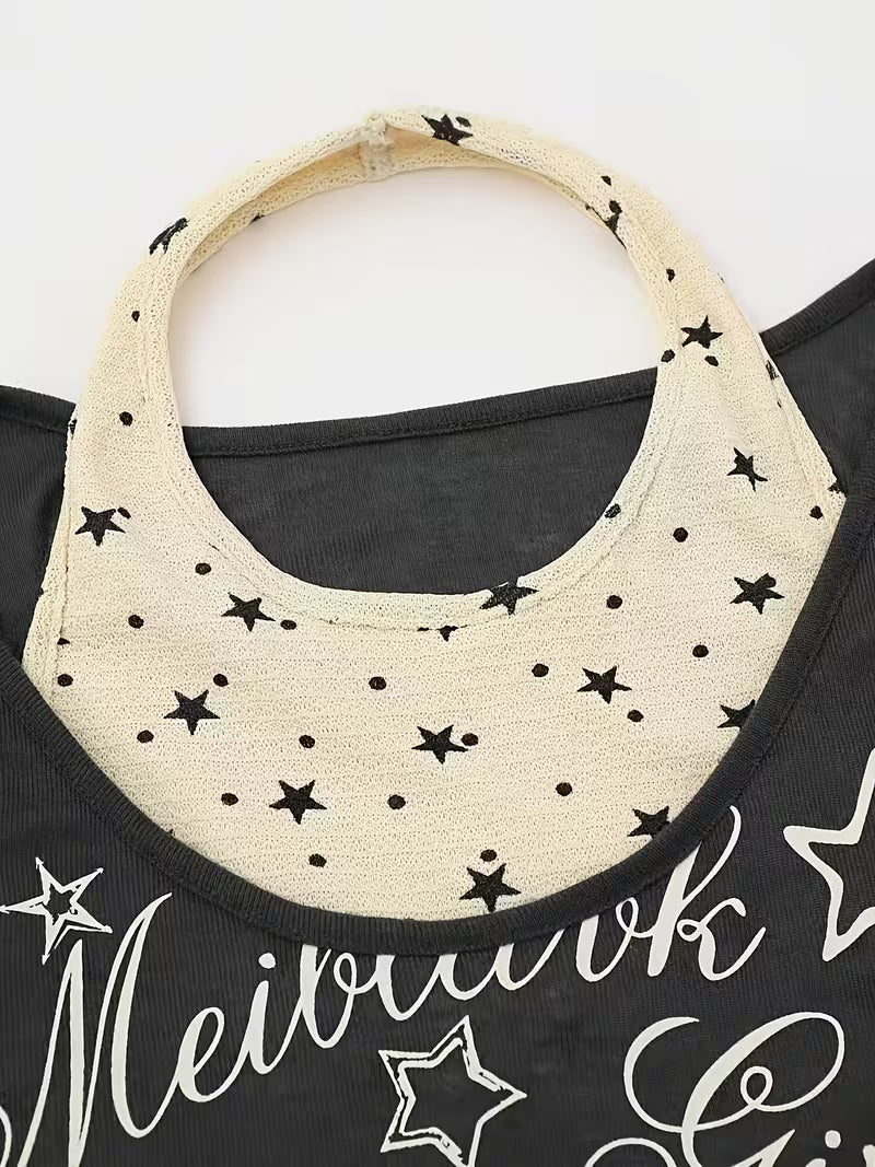 1pc Women'S Star Print Halter Camisole with Off-Shoulder Long Sleeve Top, Letter Pattern Fitted Layering Shirt, Y2K Casual Basic Streetwear for Dates And Campus, an Ideal Birthday Or Holiday Gift for Teenage