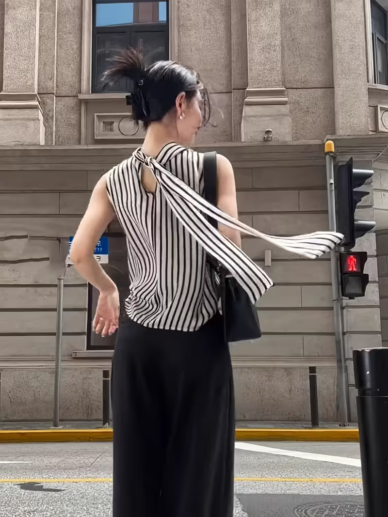 Women's New Summer Striped Halter Tie-Neck Top, Sleeveless, Korean-Style Sweet and Youthful Design