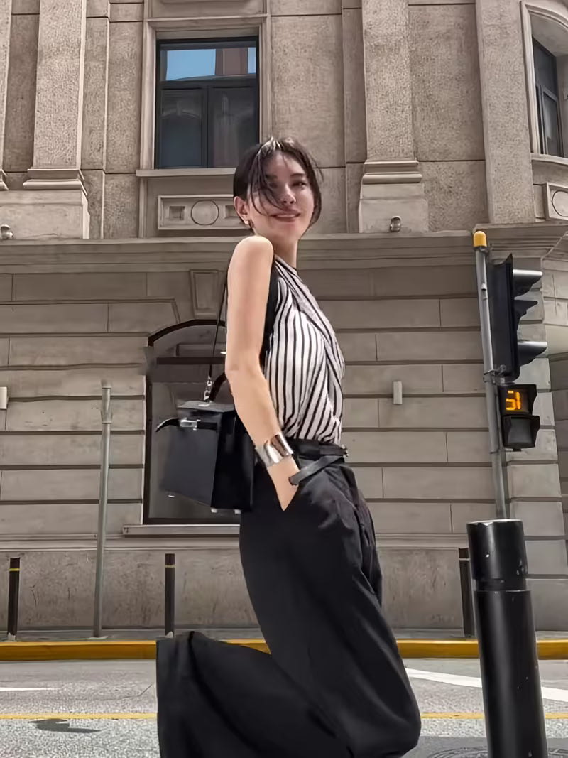 Women's New Summer Striped Halter Tie-Neck Top, Sleeveless, Korean-Style Sweet and Youthful Design