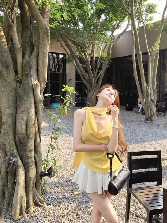 Yellow Ribbon Flowing Collar Women's Summer Short-sleeved Backless Top with Straps