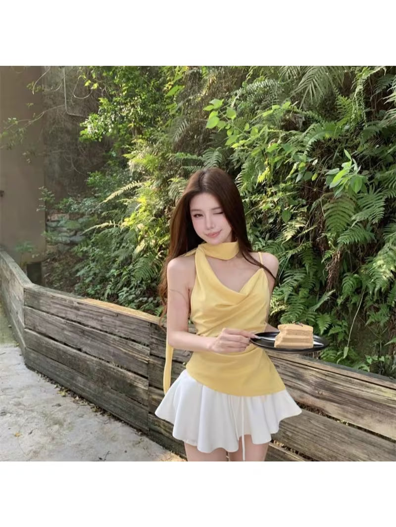 Yellow Ribbon Flowing Collar Women's Summer Short-sleeved Backless Top with Straps