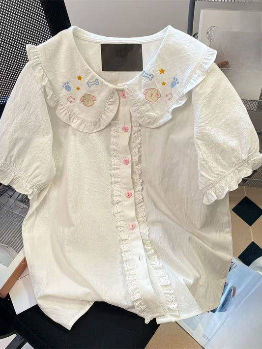 Ladies' Cute And Sweet Short Sleeved Shirt with Cartoon Pattern Embroidery on Doll Collar, Cute And Sweet Party Top, Elegant Temperament Vacation Top