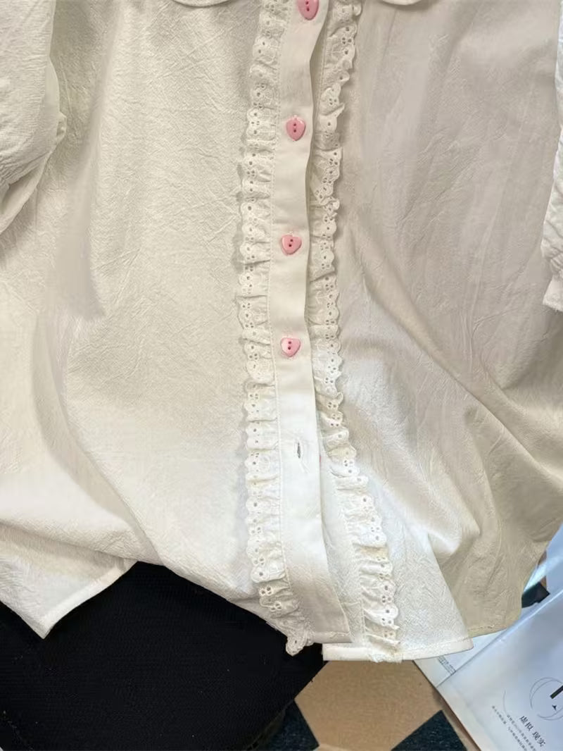 Ladies' Cute And Sweet Short Sleeved Shirt with Cartoon Pattern Embroidery on Doll Collar, Cute And Sweet Party Top, Elegant Temperament Vacation Top