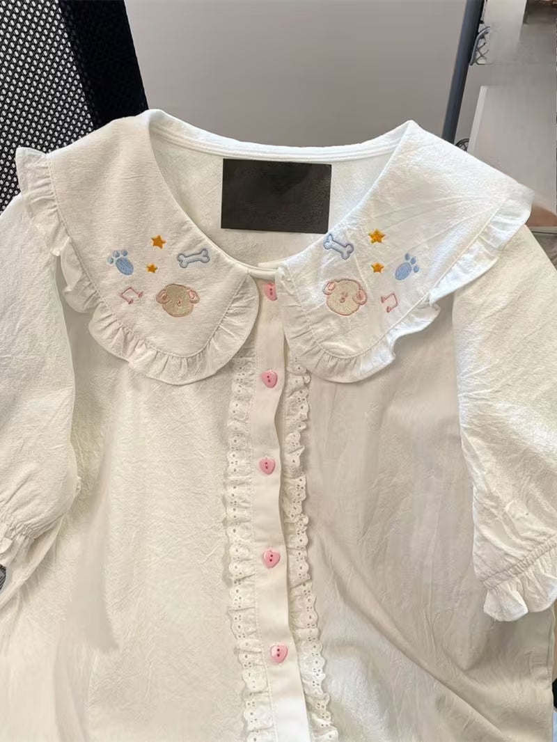 Ladies' Cute And Sweet Short Sleeved Shirt with Cartoon Pattern Embroidery on Doll Collar, Cute And Sweet Party Top, Elegant Temperament Vacation Top