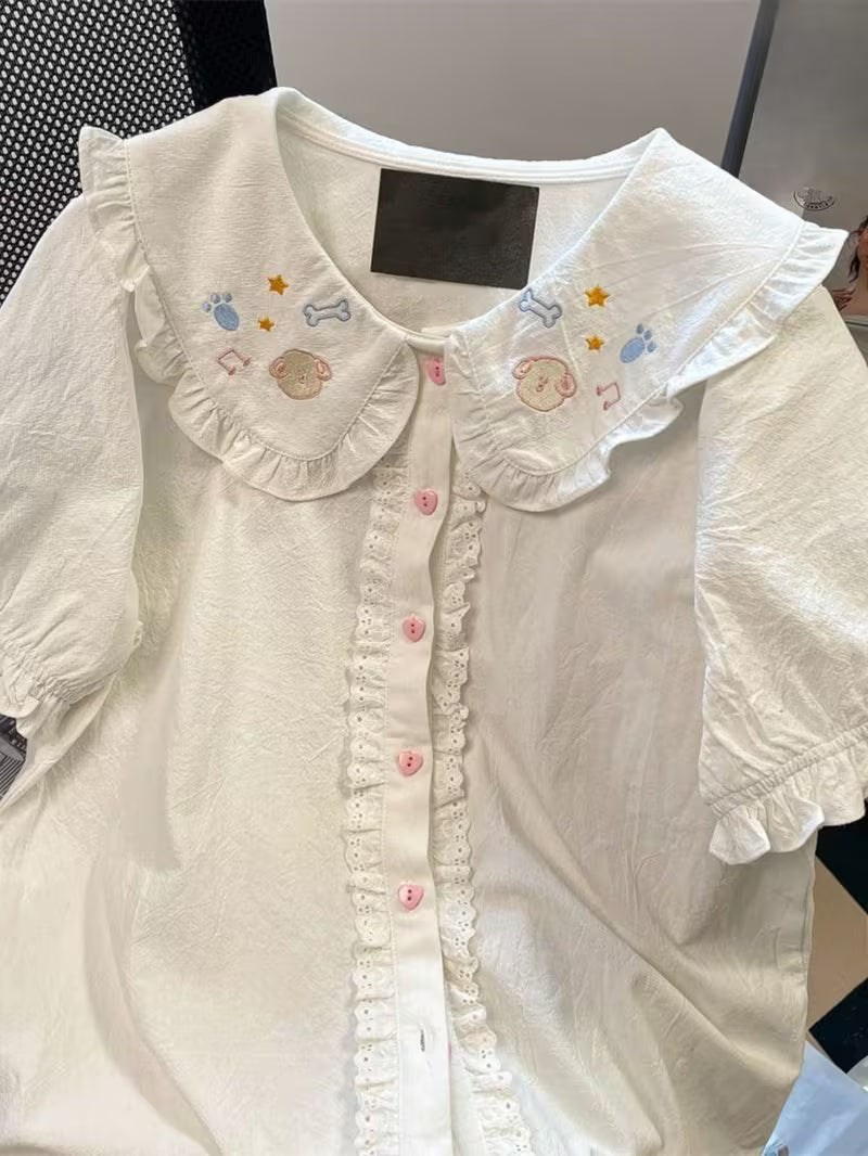 Ladies' Cute And Sweet Short Sleeved Shirt with Cartoon Pattern Embroidery on Doll Collar, Cute And Sweet Party Top, Elegant Temperament Vacation Top