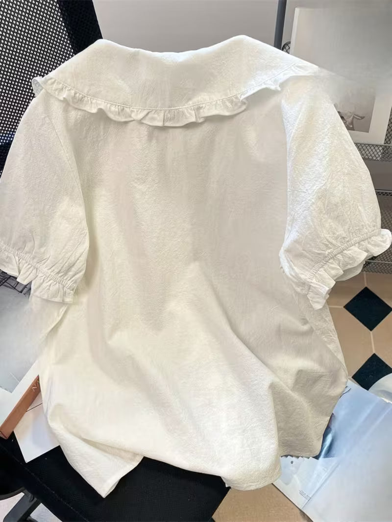 Ladies' Cute And Sweet Short Sleeved Shirt with Cartoon Pattern Embroidery on Doll Collar, Cute And Sweet Party Top, Elegant Temperament Vacation Top