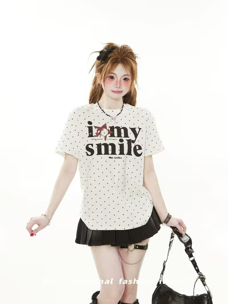 American Retro Letter Printed Shoulder Short-Sleeved T-Shirt for Women with Ins Design, Full of Printed Polka Dots, Short And Slim Fit Top, Trendy