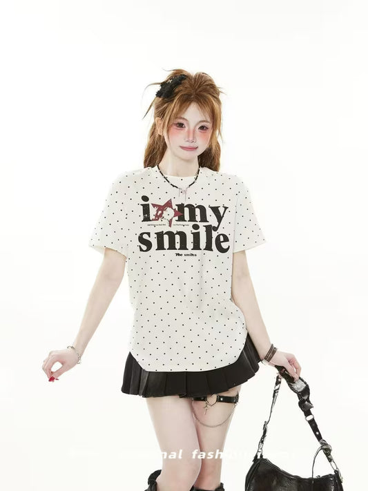 American Retro Letter Printed Shoulder Short-Sleeved T-Shirt for Women with Ins Design, Full of Printed Polka Dots, Short And Slim Fit Top, Trendy