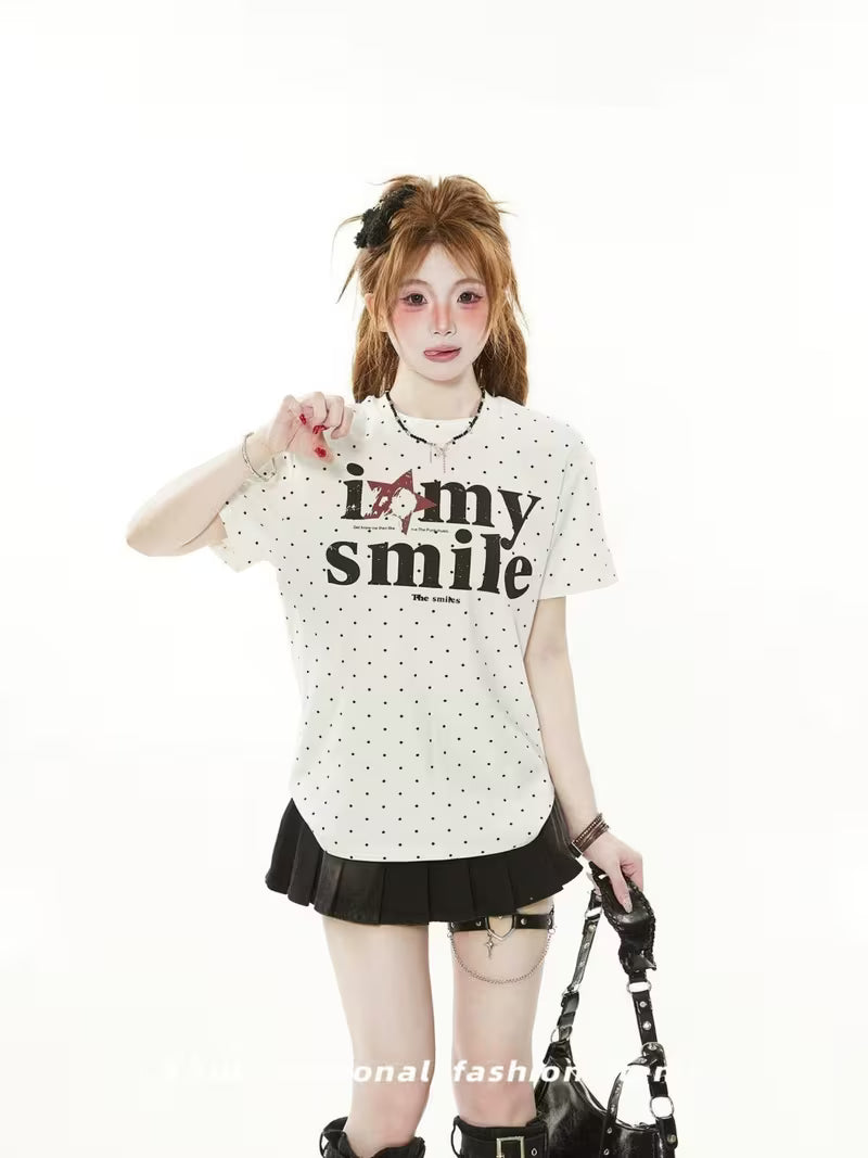 American Retro Letter Printed Shoulder Short-Sleeved T-Shirt for Women with Ins Design, Full of Printed Polka Dots, Short And Slim Fit Top, Trendy