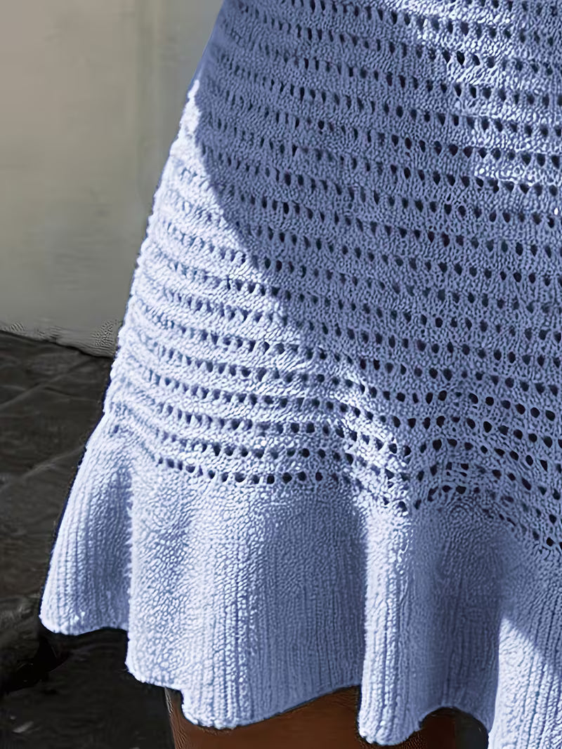 Women'S Light Blue Crochet Mini Dress Spaghetti Strap Deep V Neck Ruffled Hem Swim Cover Up Beach Dress