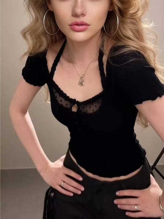 Women's T-Shirt in a pure and sexy style with lace halter neck, short sleeves, summer design hot slim-fit short top