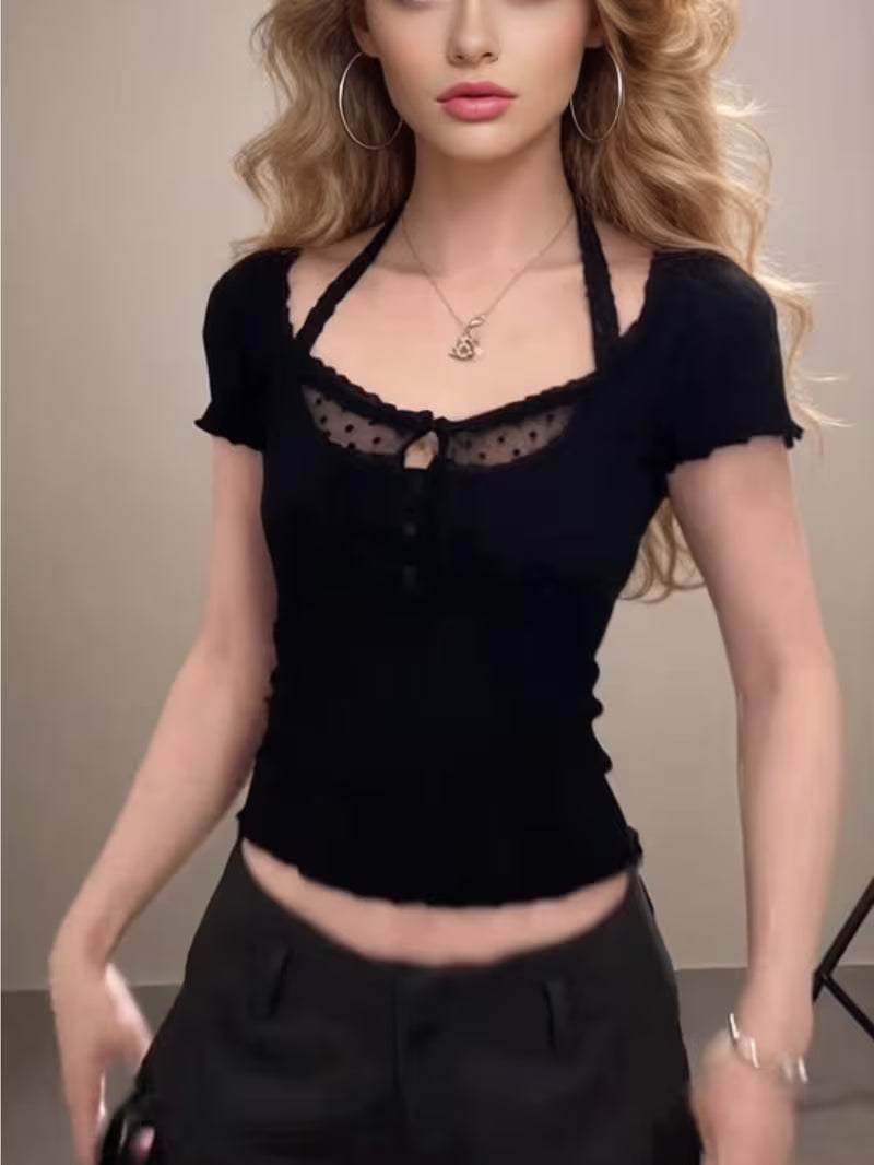 Women's T-Shirt in a pure and sexy style with lace halter neck, short sleeves, summer design hot slim-fit short top